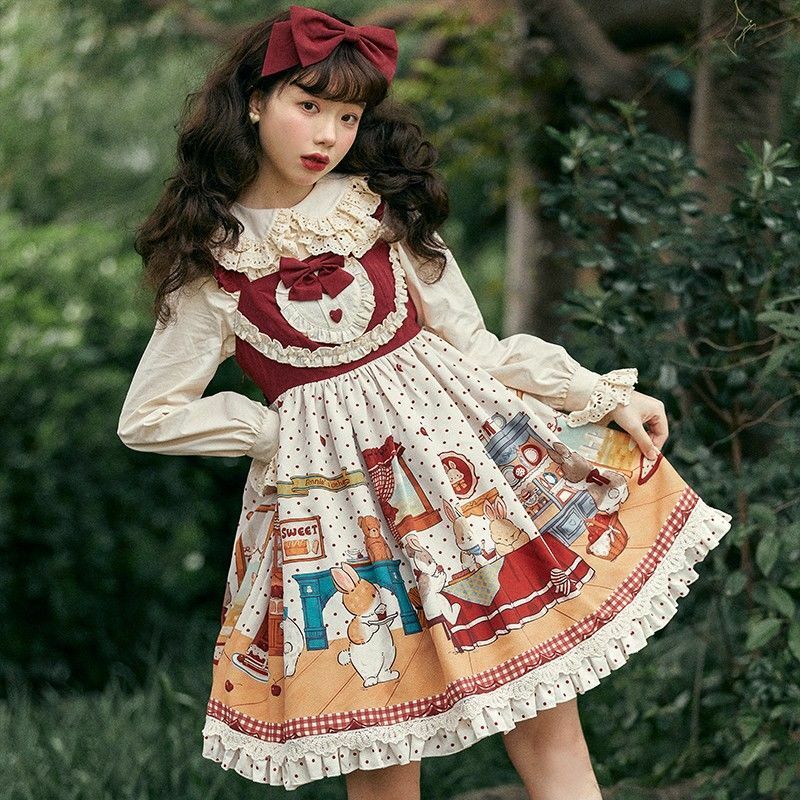 Japanese Cartoon Print Sweet Lolita Jsk Princess Dress Women Cute Bow Kawaii Ruffles Party Dress Girls Gothic Dress