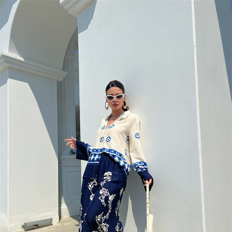 2024 Vintage Geometry Flowers Women's Two Piece Outfits Long Sleeve Lapel Shirt Loose Pants Bohemian Matching Suits for Lady