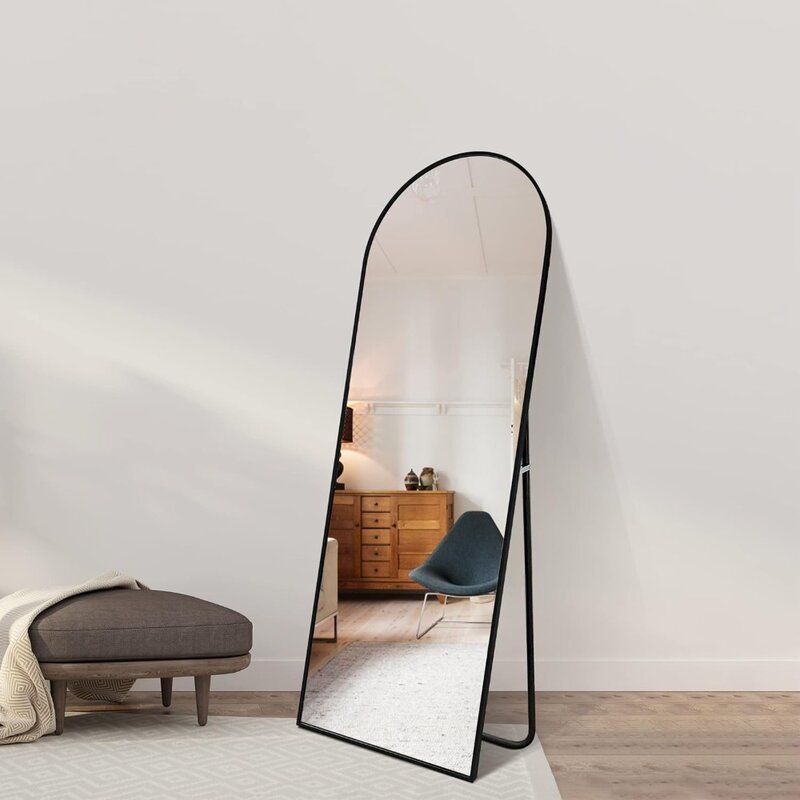 Espejo de pared de longitud completa con pie, espejo arqueado negro, espejo de piso grande con marco de aleación de aluminio para puerta de dormitorio