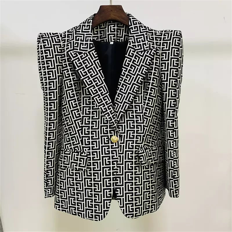 Women Formal Blazer 2023 New in Peak Shoulder Geometric Monogram Jacquard Single Button Jacket Elegant Work Wear Office Coat