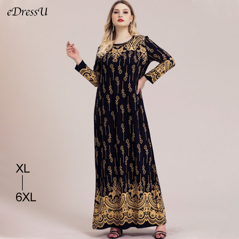 EDressU – Robe longue Abaya pour femmes, grande taille, imprimé arabe, musulman, haute qualité, manches longues, noir, or, 2022, SJ-20261