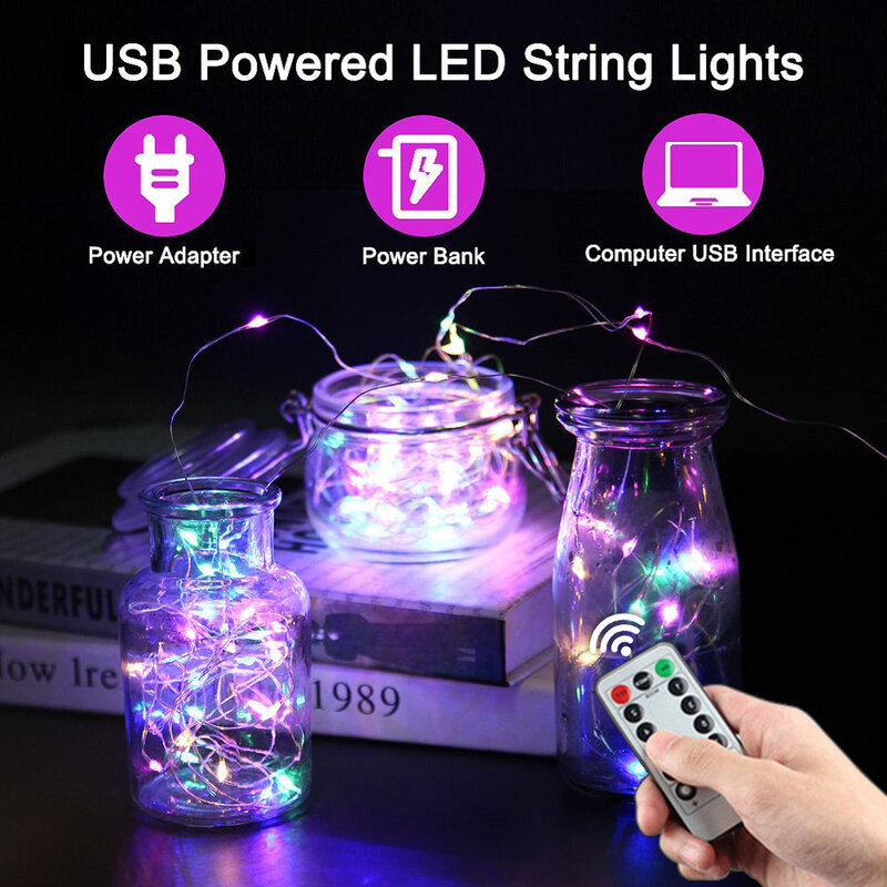 Guirnalda de luces LED de hadas, lámpara de alambre de cobre impermeable, USB, 5m, 10m, para decoración de jardín de Navidad con control remoto
