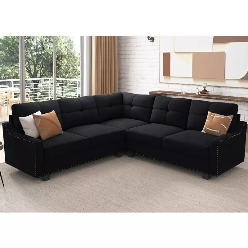 Convertible Sectional Sofa Velvet L Shaped Couch Reversible 4 Seat Corner Sofas for Small Apartment,Velvet Black Sofa