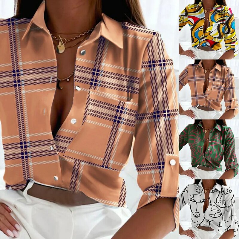 Heiße neue Hemden Frauen Langarm ol Arbeit Polyester Print Print Bluse regelmäßige Hemden Tops 1pc pendeln für den Herbst