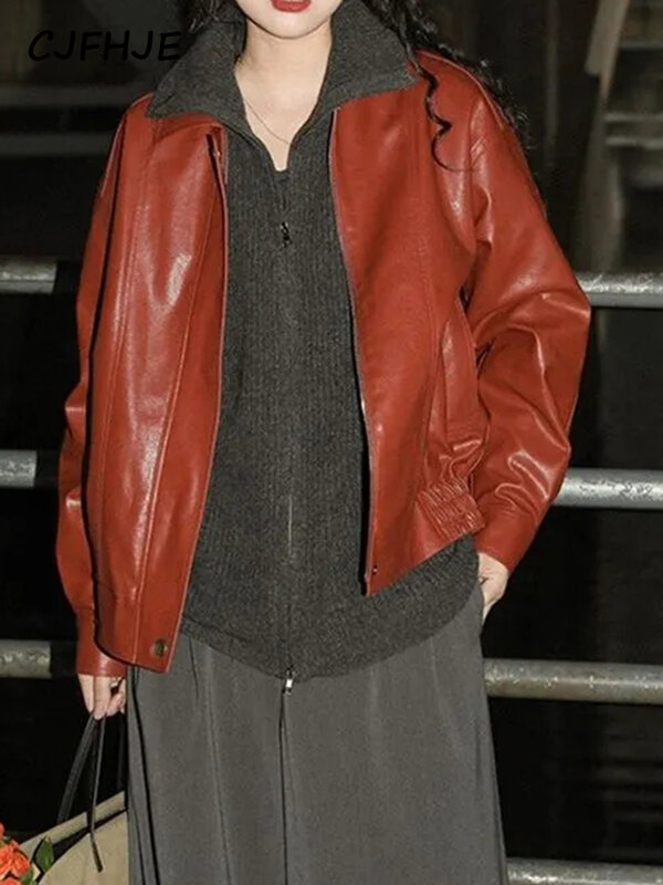 CJFHJE-Casaco de couro vermelho vintage feminino punk, streetwear feminino, zíper moto, rua alta, casaco de couro chique, inverno
