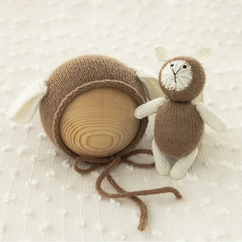 Animal Ears Crochet Photography Accessories Bear Rabbit Doll Hat Two-Piece Set Newborn Cute Style Studio Shooting Decoration