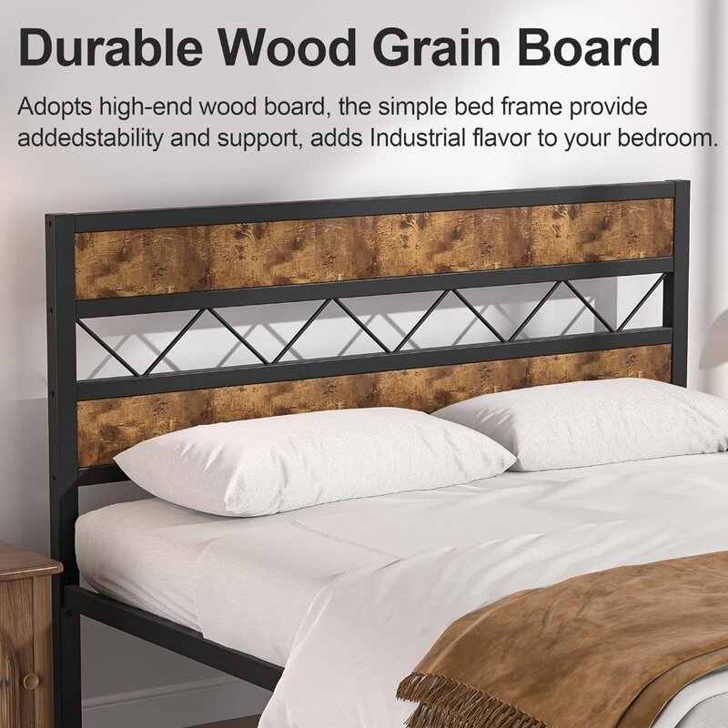 Metalowa rama łóżka z platformą Queen z rustykalnym drewnianym zagłówkiem w stylu vintage, wytrzymałe metalowe listwy, podstawa materaca z platformą