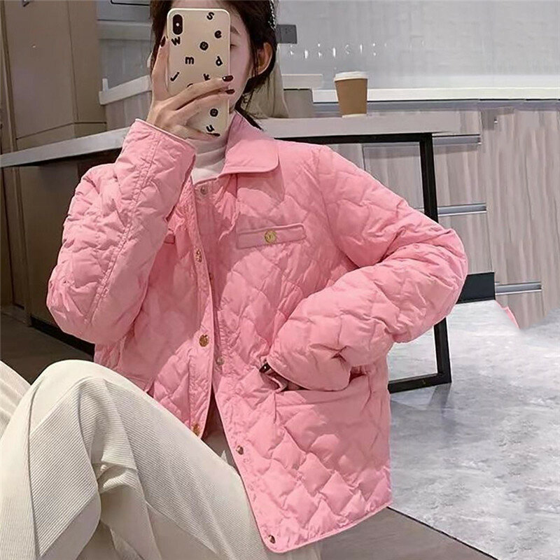 Autumn Winter Down Cotton Jacket Women 2023 New Loose Lapel Coat Pure Colour Covered Button Outerwear Fashion Overcoat Female