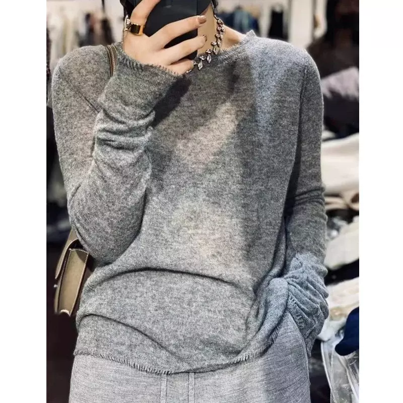 European goods round neck fringe knitted cashmere sweater female autumn winter thin wool base sweater loose sweater