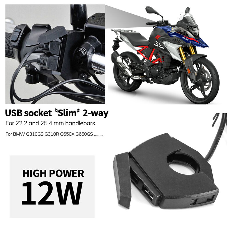 Motocicleta Dual USB Charger Plug Soquete Adapter, Guidão para BMW G310GS, G310R, G650X, G650GS, G 310 GS, R 650, 22-25mm