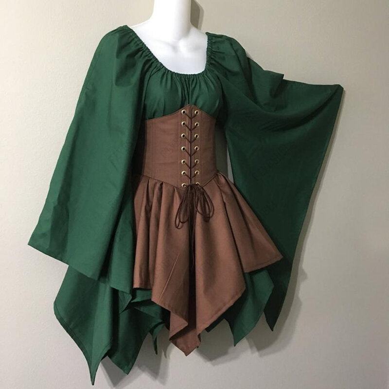 Disfraz de elfo Medieval para mujer adulta, vestido de princesa celta, ceñido a la cintura, con cordones, conjunto de corsé, vestidos dentados, S-5XL