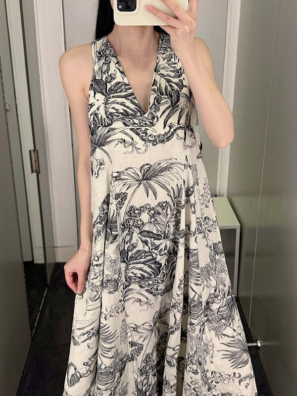 Linen Floral Printed  V-neck Women Loose Midi Long Dress 2024 Summer Vacation Resort Casuanl Dress Women's Clothing
