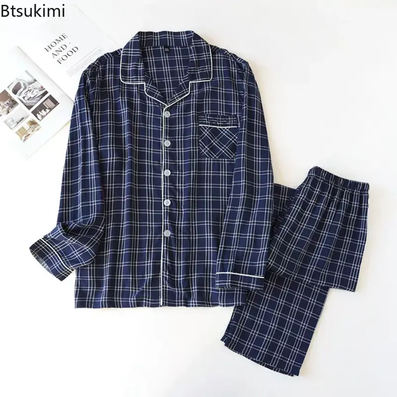 2024 Men's Casual 2PCS Pajama Sets Plaid Style Long Sleeve Top and Trousers Homewear Sets Men Soft Breathable Sleepwear Clothing