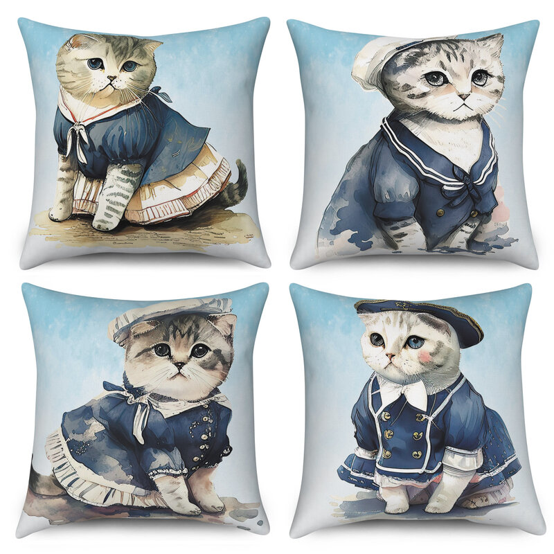 Funda de cojín de lino y poliéster con diseño de gato para decoración del hogar