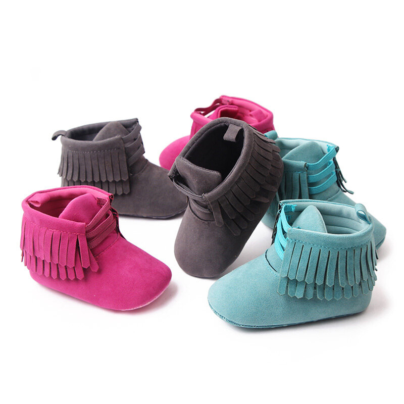Sepatu bot bayi perempuan baru lahir, sepatu bot kasual anak-anak antiselip poles kusam rumbai sol lembut untuk musim gugur dan dingin