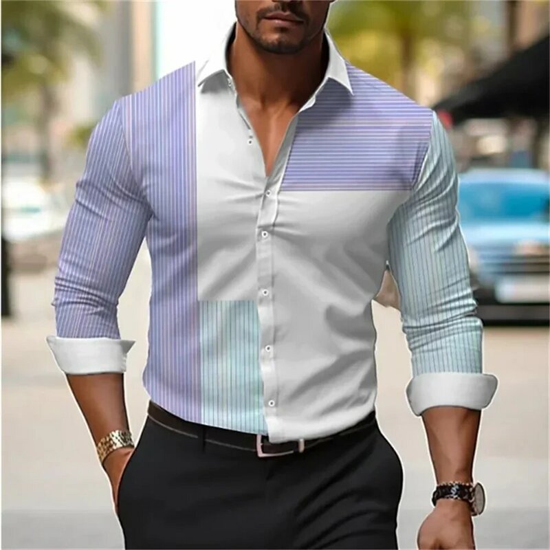 Camisa polo masculina de manga comprida, camisa de botão, camisa estampada com listra vintage, top designer macio e confortável, S-6XL, Novo, 2024