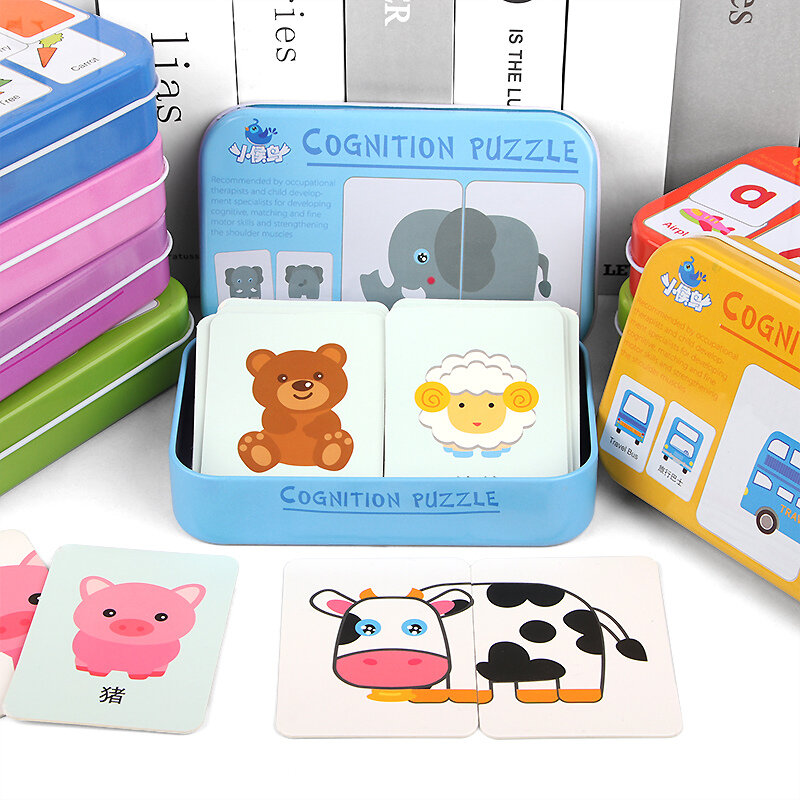 Rompecabezas de aprendizaje temprano para niños, juguete educativo Montessori con gráfico de frutas y animales, tarjeta cognitiva, para guardería