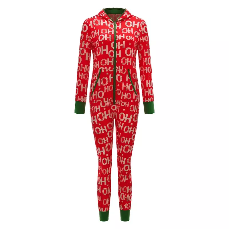 女性用フード付き長袖ジャンプスーツ,クリスマスパジャマ,家族向け,ジッパー付きナイトウェア