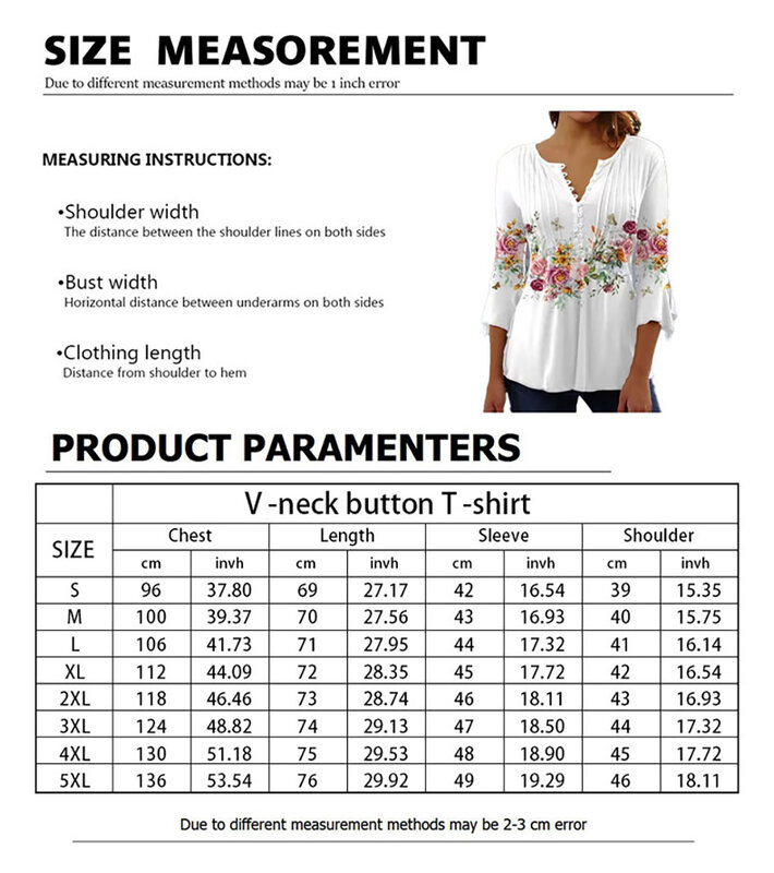 Camiseta con cuello en V y botones para mujer, camisa holgada de manga de siete puntos, estampado 3D, camiseta informal con cuello en V, Top
