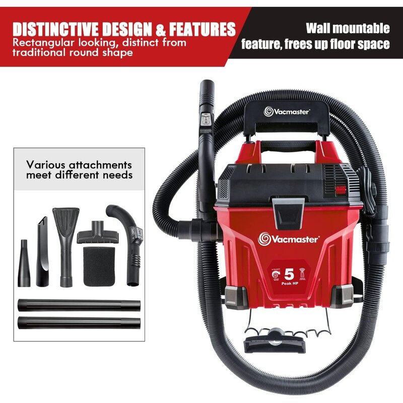 VWMB508 1101 5 Gallon Wall-Mount Wet/Dry Vacuum with Remote Control Operation Red