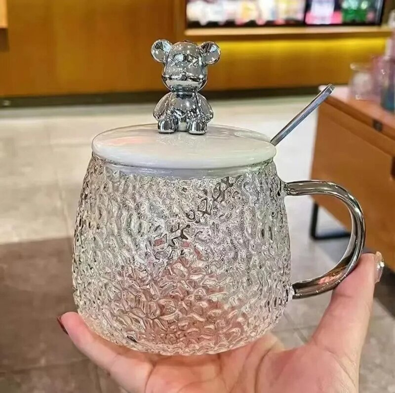 Tazza in vetro con motivo ghiacciaio con cucchiaio con coperchio, tazza da tè per uso domestico di alto aspetto, tazza d'acqua, tazza, vetro dell'orso