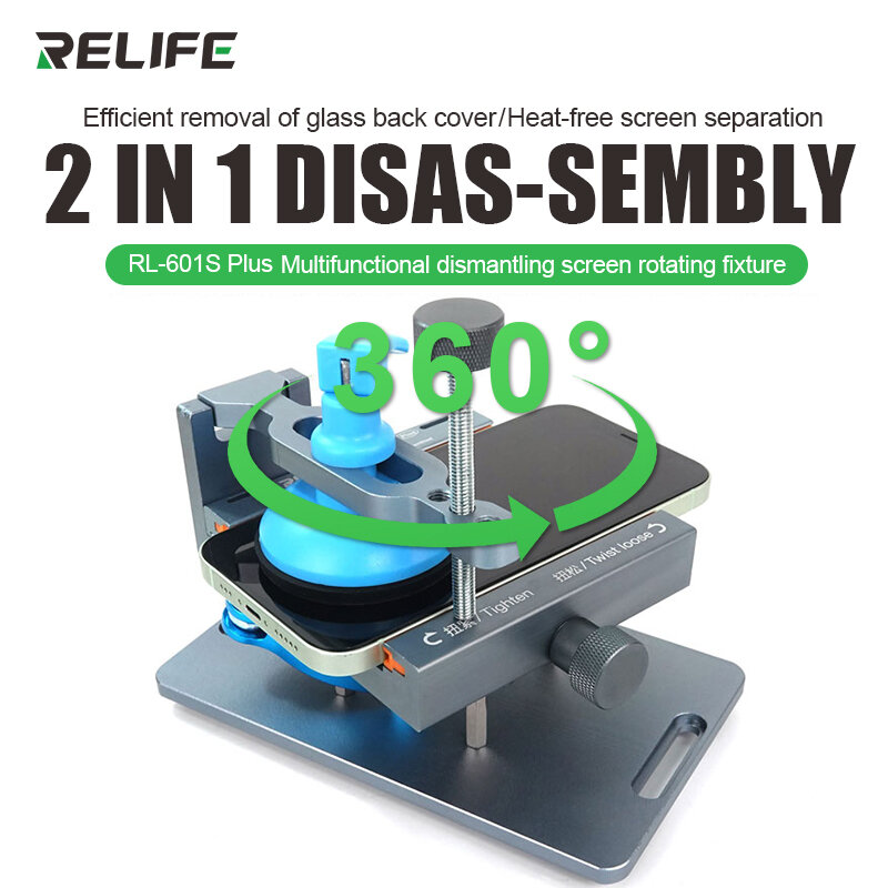 RELIFE-Herramienta de extracción de vidrio trasero RL-601S Plus, abrazadera giratoria fija de 360 °, 2 en 1, para reparación de teléfonos móviles