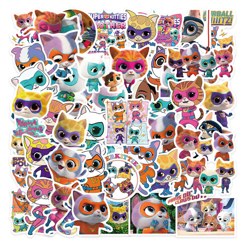 Super Kitties Cartoon Stickers para crianças, fofos, kawaii, brinquedo, telefone, garrafa de água, papelaria, diversão, anime, decalques de grafite, 10 pcs, 30 pcs, 50pcs