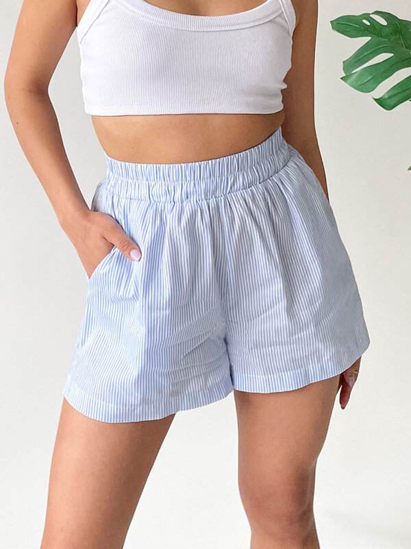 Pantalones cortos holgados para mujer, Shorts a rayas de cintura alta elástica, informales, de verano
