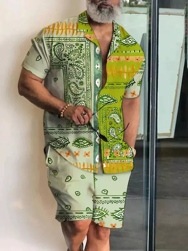 Рубашка мужская с коротким рукавом, повседневный пляжный костюм в стиле пэчворк, с отложным воротником и 3D-принтом, уличная одежда, гавайский костюм для отпуска, лето