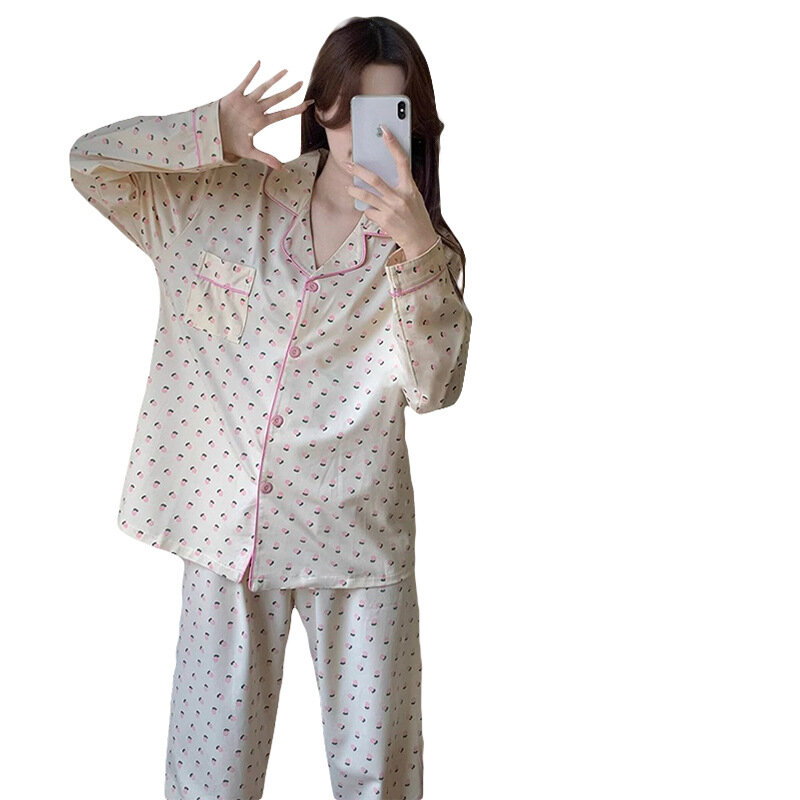 Women Pajamas Sets Spring Summer Autumn 2 Piece Print Pyjama Pants Sleepwear Long Sleeve Buttons Pijama Mujer Pjs Homewear