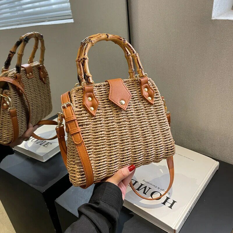 Fashion Ladies Straw Woven Handbag Women Retro French Handmade Straw Woven Bag Summer Holiday Beach Casual Shoulder Bags Totes