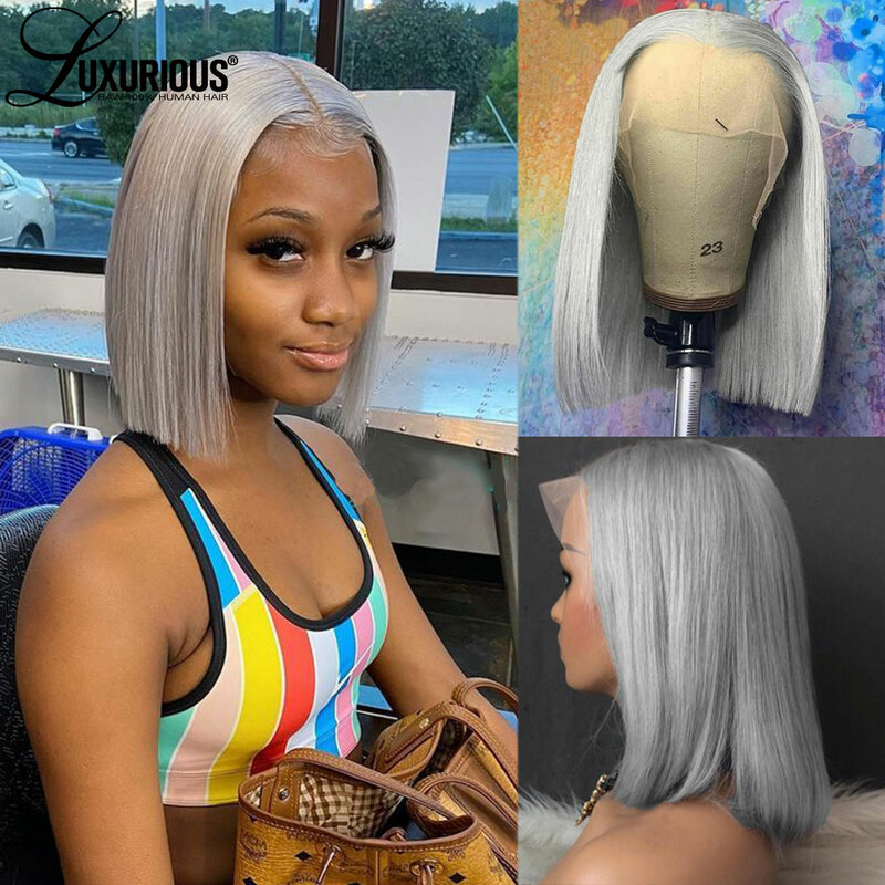 Peluca de cabello humano virgen para mujeres negras, pelo liso Bob, color gris y plateado, 13x4, brasileño, prearrancado, HD, transparente, encaje Frontal