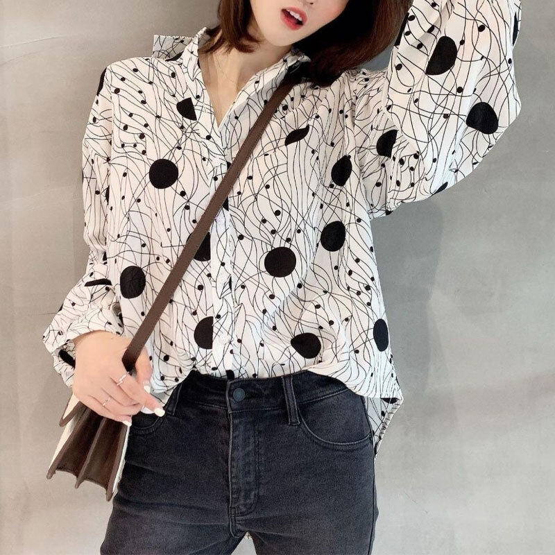 Damska biurowa koreańska koszula z nadrukiem w kropki wiosna jesień dorywczo luźna odzież damska z długim rękawem modna podstawowa jednorzędowa bluzka