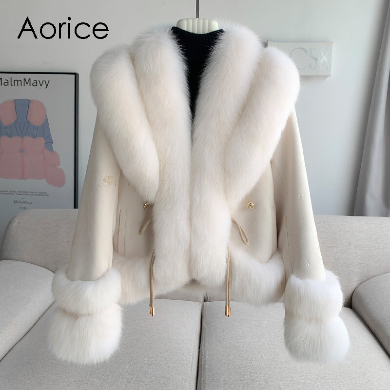 Aorice Soft Design Real Fox Fur Big Collar Winter Jacket Duck Down Liner Women Flower Coat CT322