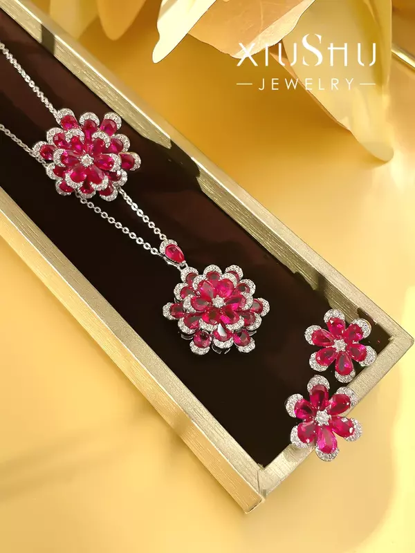 Desire Artificial Rose, Ruby, Flower Necklace, Collar Chain, Christmas and New Year Gifts, Luxury   925 Silver