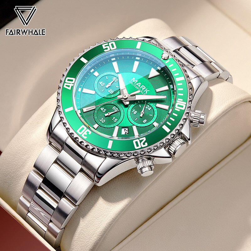 Luxury Stainless Steel Quartz Watch for Men Fashion Luminous Chronograph Men's Watches Casual Green Round reloj hombre Hot Sale