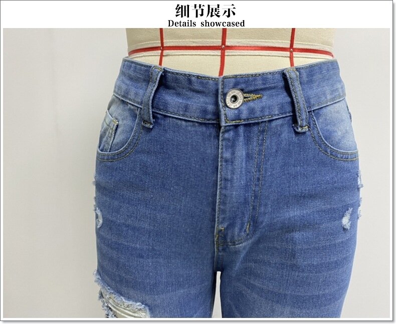 Celana Jeans biru untuk wanita 2024 celana panjang lurus ibu pinggang tinggi lubang Denim musim gugur celana panjang kasual Streetwear Y2k celana Kapri longgar