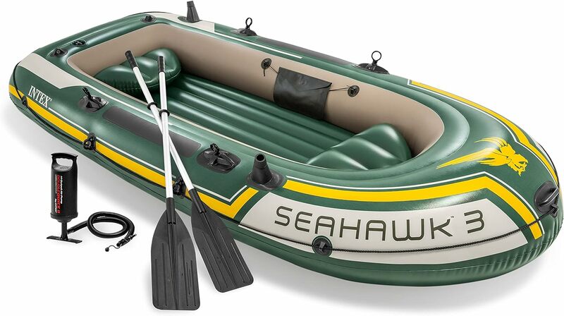 Seahawk Inflatable Boat Series: Includes Deluxe Aluminum Oars and High-Output Pump – SuperStrong PVC – Fishing Rod Holders