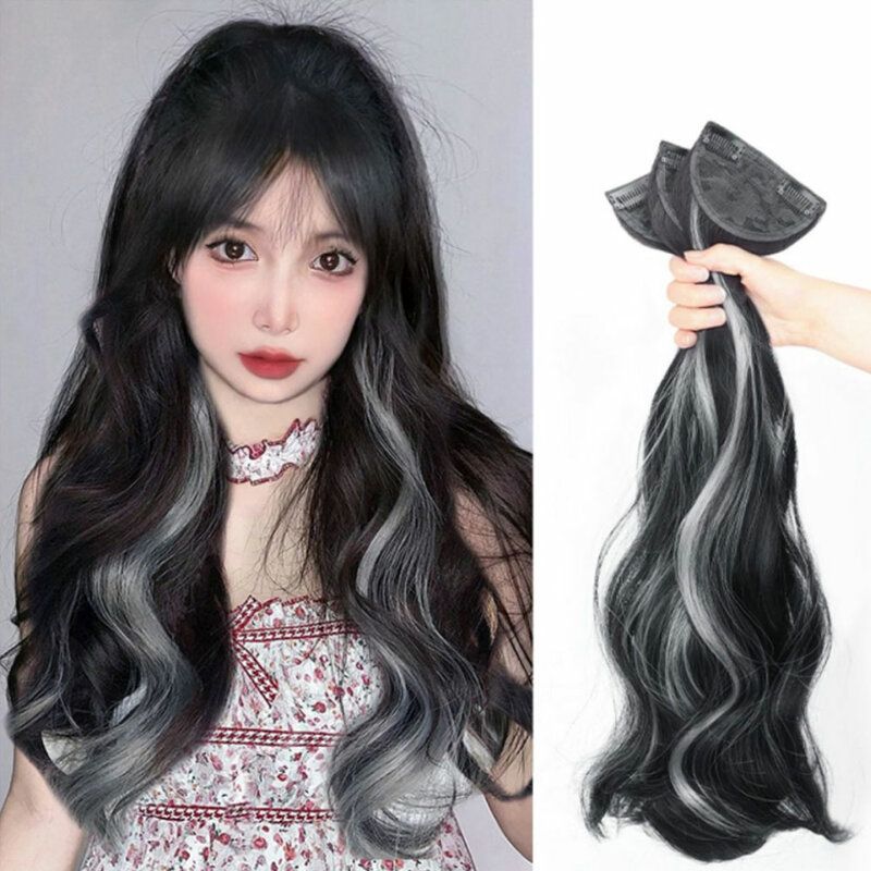 3pcs Wig Pieces Natural Simulation Synthetic Wig Highlight Dyeing Fluffy Long Curly Hair Invisible Hair Extensions for Women