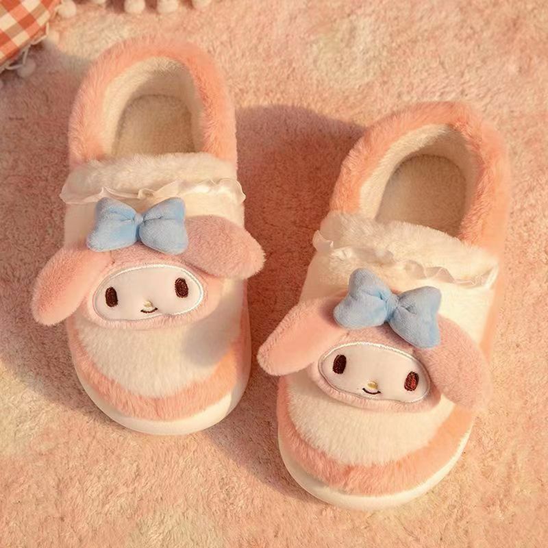 Sanrio Kuromi Slippers Cute Cinnamoroll Hello Kitty Cotton Fuzzy Slippers My Melody Women's Winter Velvet Warm Home Shoes Gifts