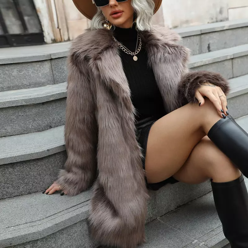 Abrigo largo de piel sintética de zorro para mujer, chaqueta informal con cuello de traje, Otoño e Invierno