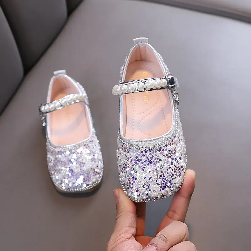 Sepatu kulit Glitter anak perempuan, sepatu flat pesta pernikahan, sepatu kasual Glitter, SEPATU penampilan balet, sepatu Mary Jane