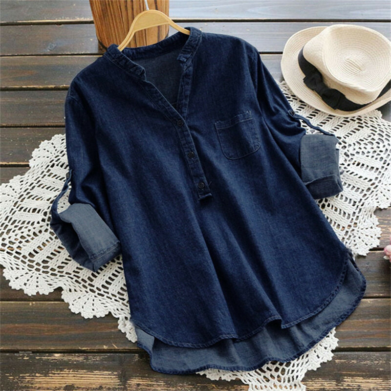 Blusa de mezclilla informal para mujer, blusa Elegante de manga larga con botones y bolsillos, dobladillo asimétrico