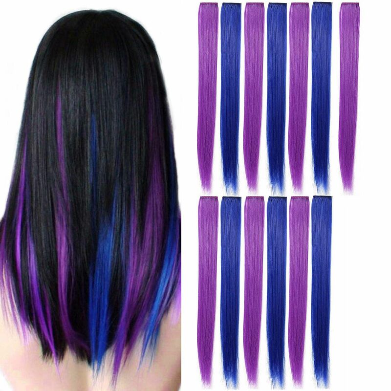 Clip colorido em extensões de cabelo, hairpieces sintéticos retos, partido colorido, roxo e azul, 55cm, 13 pcs