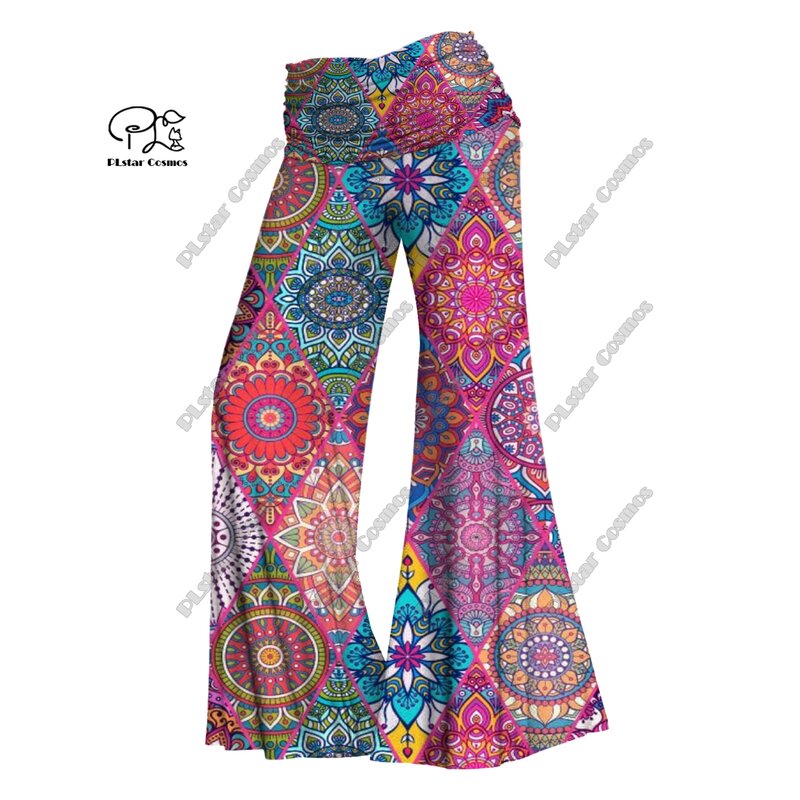 PLstar Cosmos 3D Printing Women's Colorful Retro Pattern Wide Leg Pants Waist Folding Elastic Waist Pants Casual