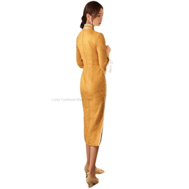 Gaun Cheongsam panjang Tiongkok wanita, gaun Cheongsam elegan bergaya Prancis musim semi musim gugur untuk wanita