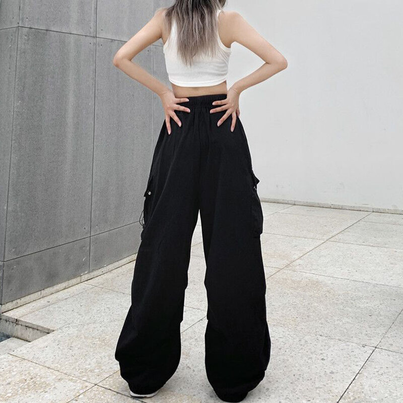 Женские винтажные брюки-карго с карманами, уличная одежда с высокой талией, мешковатые брюки с широкими штанинами, дизайн Y2k, болотный цвет