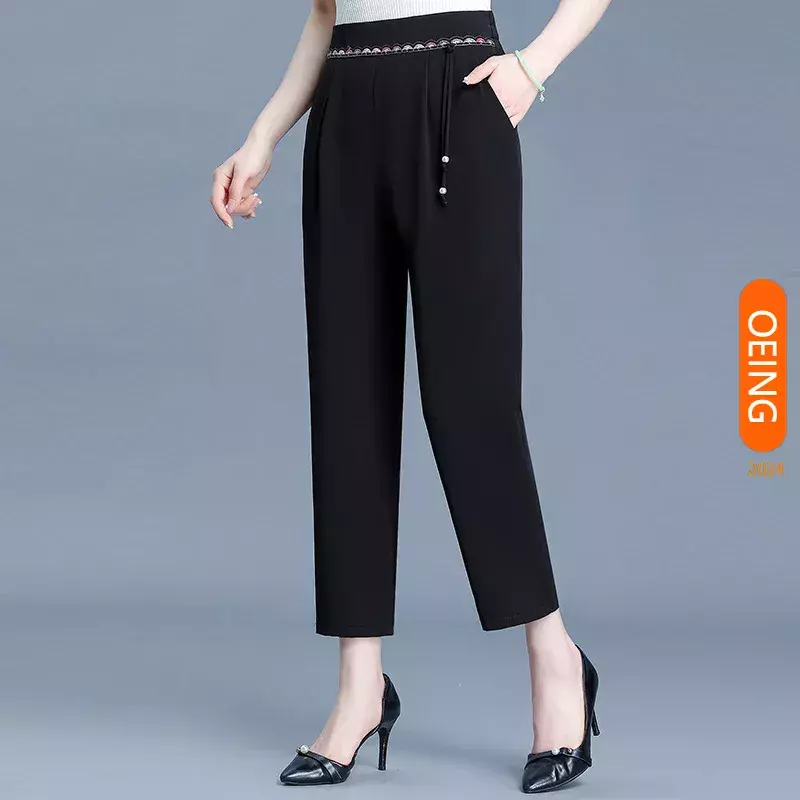 Pantaloni da donna con ricamo a vita alta pantaloni da mamma 2024 estate nuovo Vintage elegante Slim Fit Casual nero albicocca kaki 2410