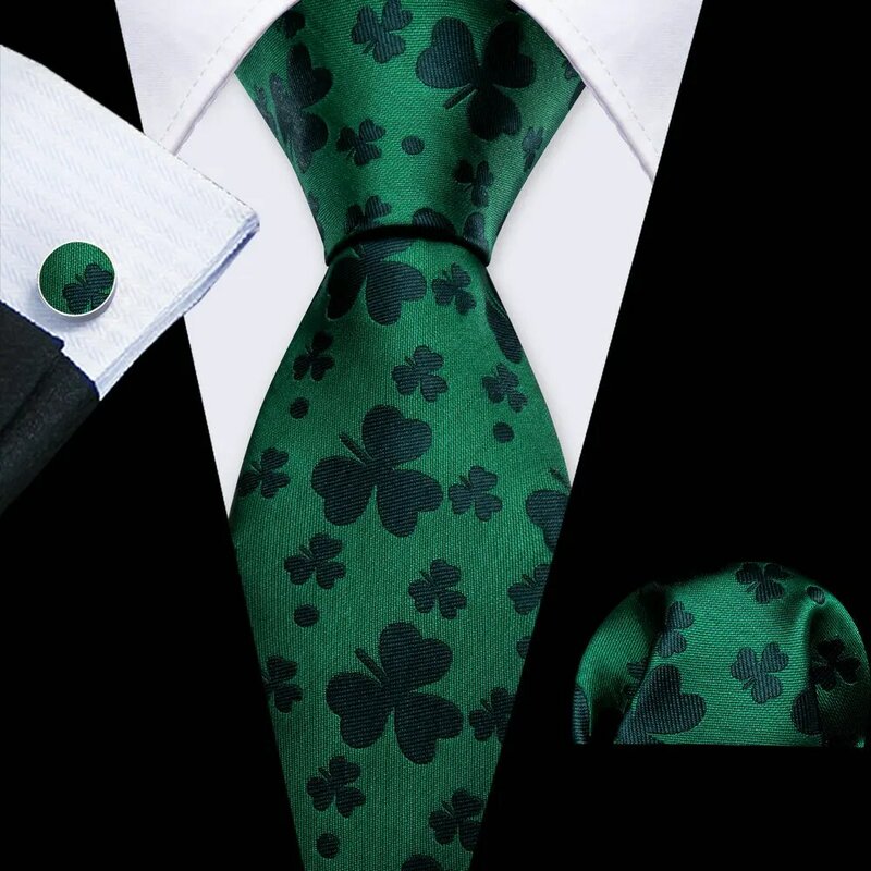 Classic Green Black Men's Tie With Pocket Square Cufflink Sets New Silk Floral Necktie For Male Formal Designer Party Barry.Wang