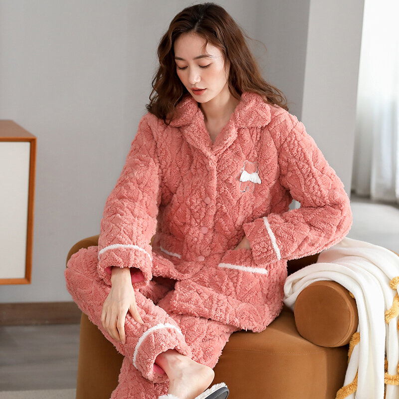 Inverno grosso coral velo acolchoado pijamas feminino define flanela quente pijamas casa roupas